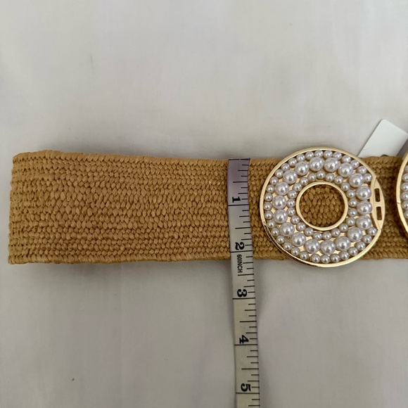 Natural color stretchy paper waistband belt with faux pearls accents - Picture 7 of 9